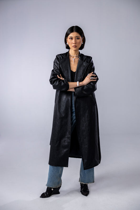 Snake black printed leather coat