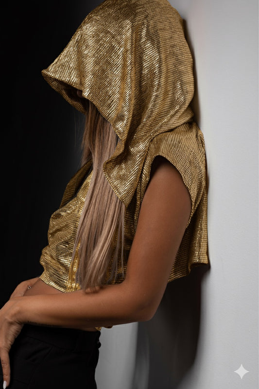 Metallic gold wrapped hooded top
