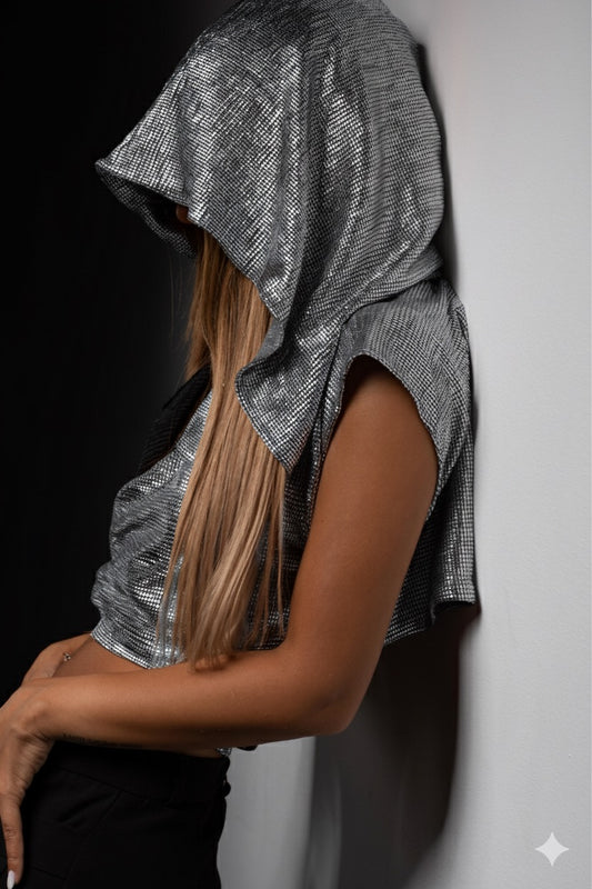 Hooded silver wrapped top