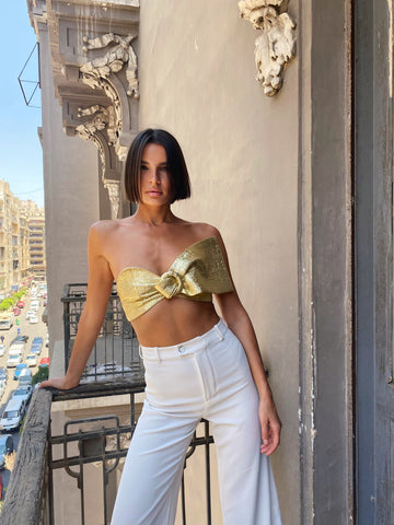 Bow Sided Gold Brocade top.