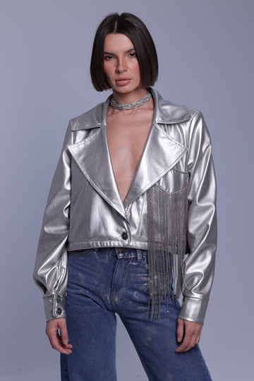 Silver Pocket Chains Leather Jacket.